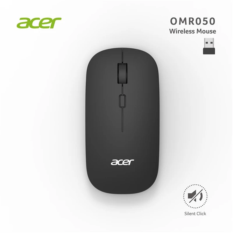 Acer OMR050 siyah kablosuz sessiz mouse – 2.4 GHz nano alıcı, ayarlanabilir DPI, hafif ve kompakt