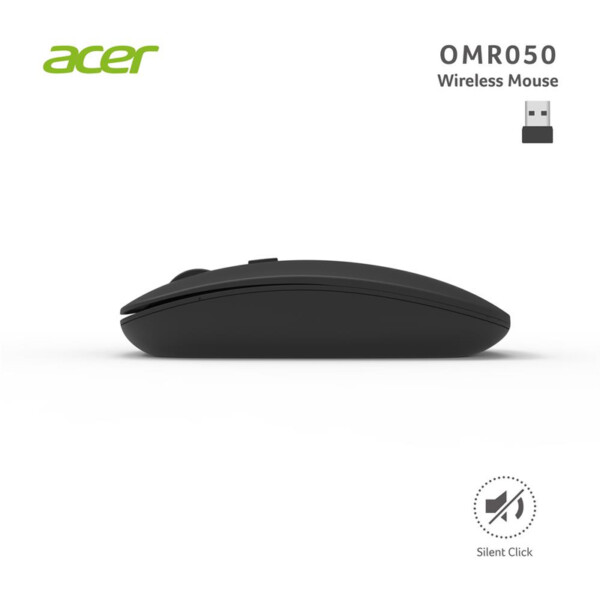 Acer OMR050 siyah kablosuz sessiz mouse – 2.4 GHz nano alıcı, ayarlanabilir DPI, hafif ve kompakt