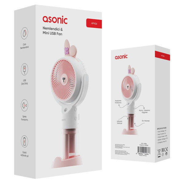 Asonic AFN26 500mAh 2 Kademe Püskürtme Fonksiyonlu Nemlendirici Sprey USB Fan Şarjlı