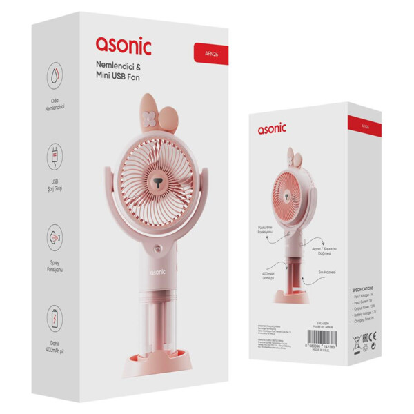 Asonic AFN26 500mAh 2 Kademe Püskürtme Fonksiyonlu Nemlendirici Sprey USB Fan Şarjlı