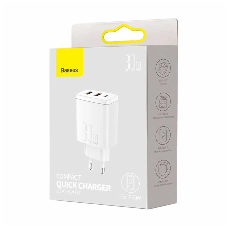 Baseus CCXJ-E02 30W şarj adaptörü – 2 USB-A + 1 USB-C PD port, kompakt tasarım