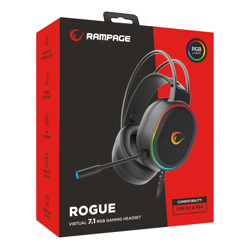 Rampage ROGUE Siyah USB RGB Led Gaming Kulaklık – Esnek Mikrofon, 7.1 Surround