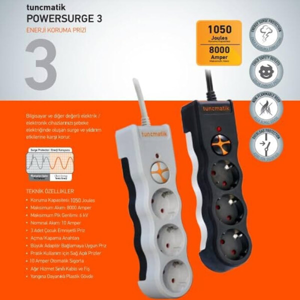 Tunçmatik 3’lü Enerji Koruma Powersurge 1050 Joule Priz